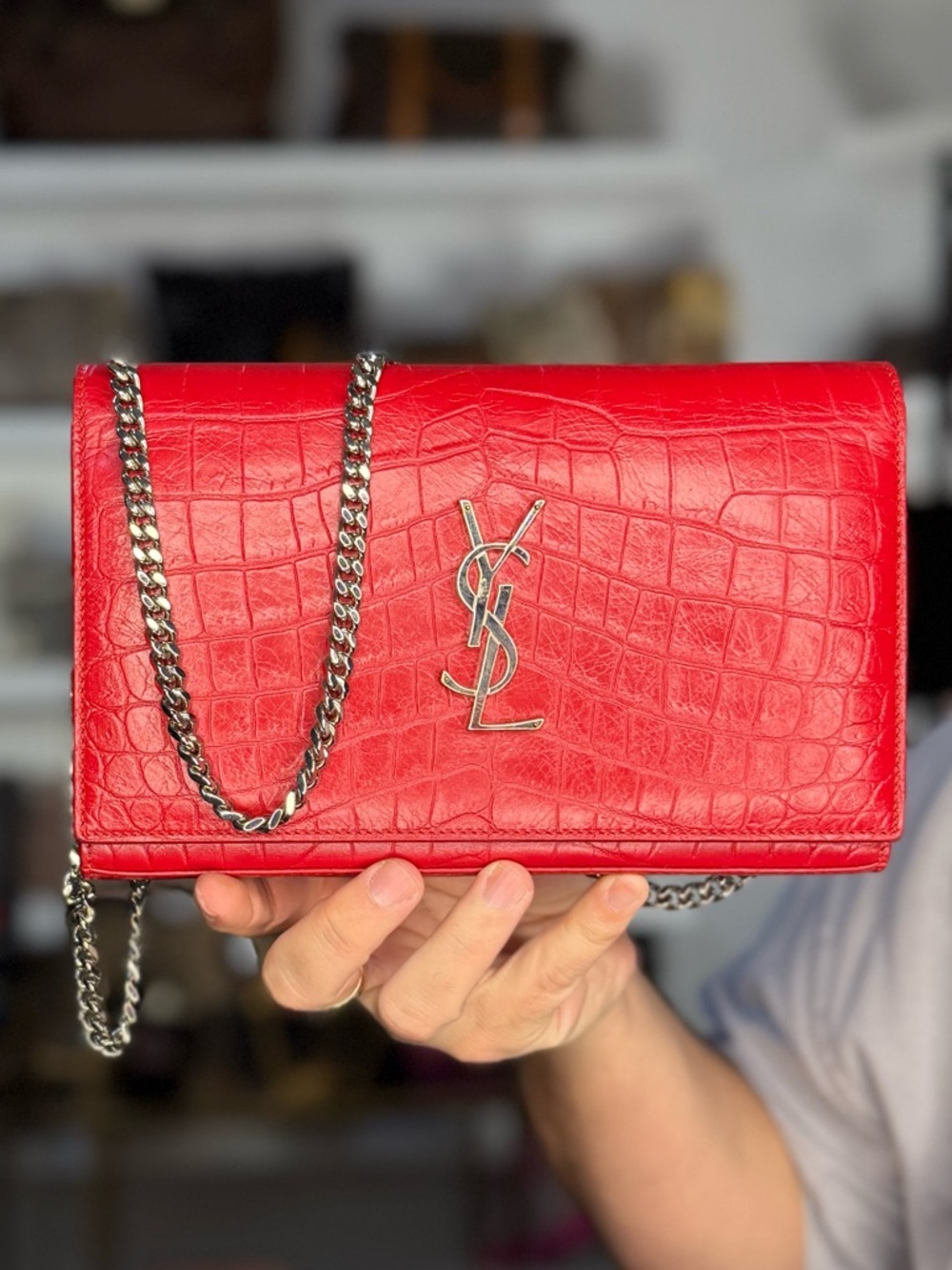 YSL EMBOSSED CROC CHAIN BAG
